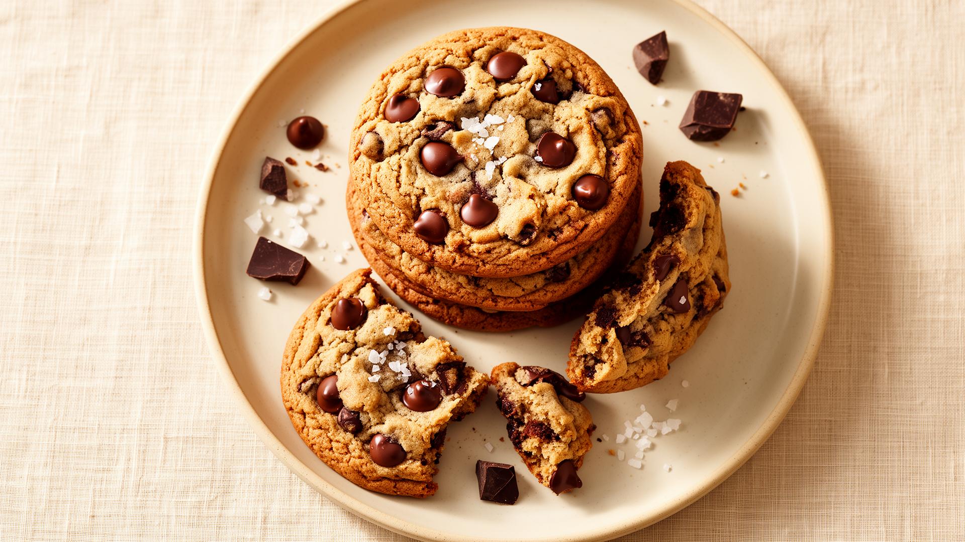 Classic chocolate chip cookies stacked on a plate with melted chocolate chips and golden edges