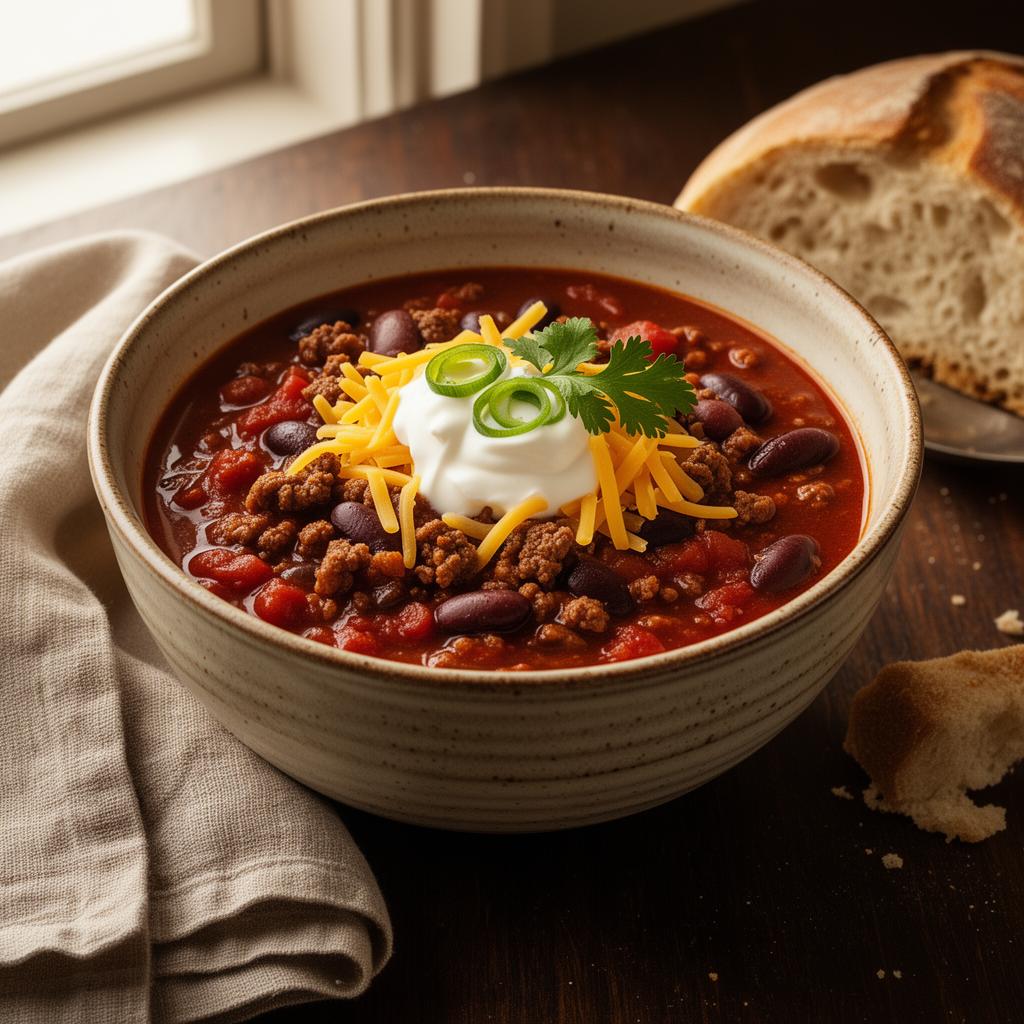 Bowl of weeknight chili with ground beef, beans, tomatoes, cheddar, sour cream, green onions, and cilantro